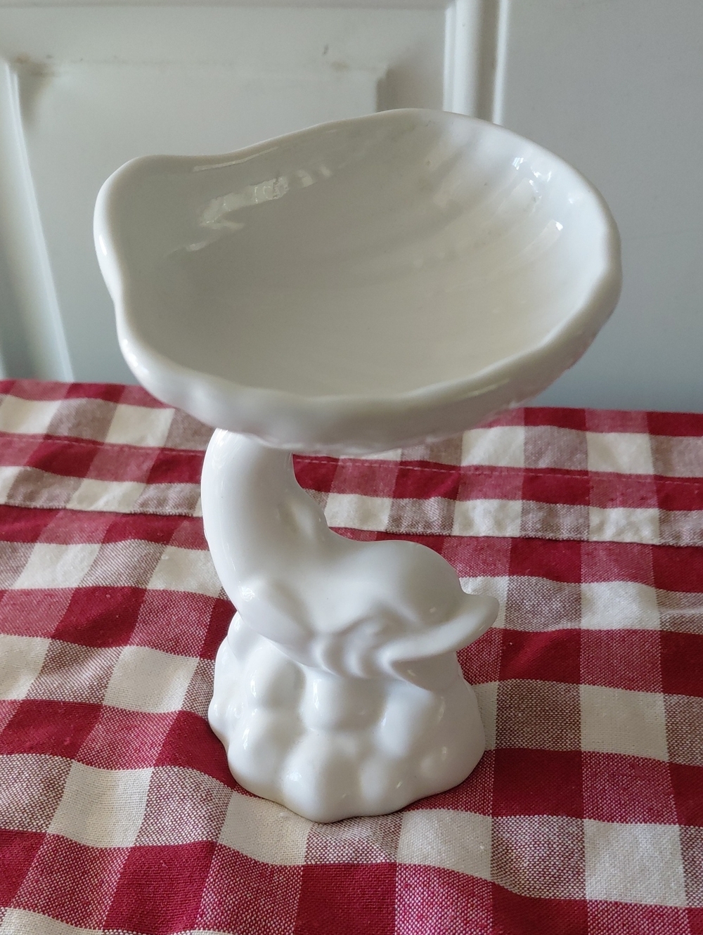 Vintage White Ceramic Dolphin Pedestal With Seashell Soap Dish
